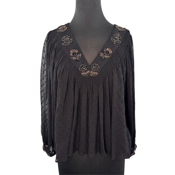 ZARA Black Blouse Floral Sheer Polka Dot Beaded Embroidered V-Neck Size Medium M - Picture 1 of 5